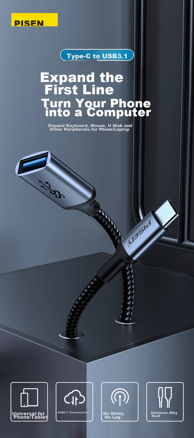 Переходник PISEN Type-C на USB 3.2 OTG, кабель данных, совместимый с Apple 17/16/15, телефонами Huawei, автомобильным зарядным устройством, USB-накопителем, планшетом, ноутбуком, наушниками, клавиатурой, мышью