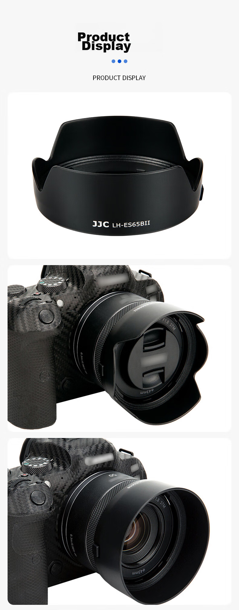 Бленда JJC LH-ES65BII для объектива Canon RF 50mm F/1.8 STM, диаметр 43 мм, лепестковая, пластиковая, черная