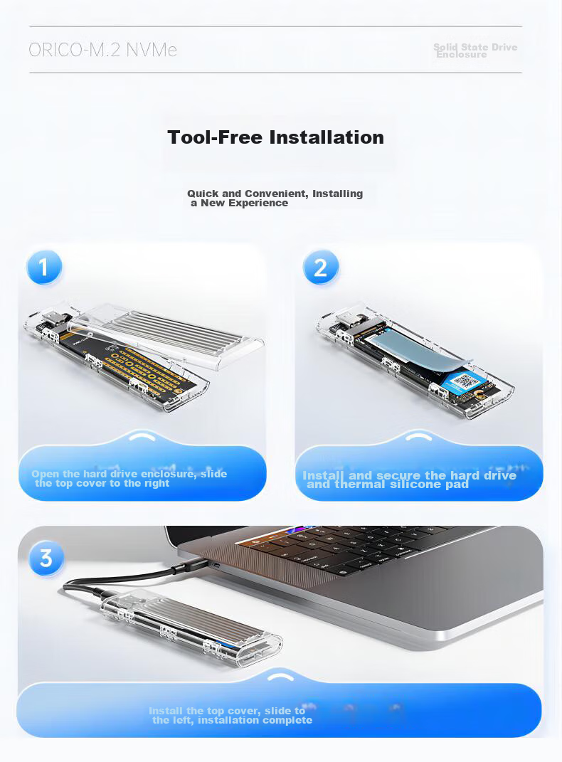 Внешний корпус ORICO M.2 NVMe SSD, 10 Гбит/с, интерфейс Type-C, прозрачный металлический/синий, TCM2-C3