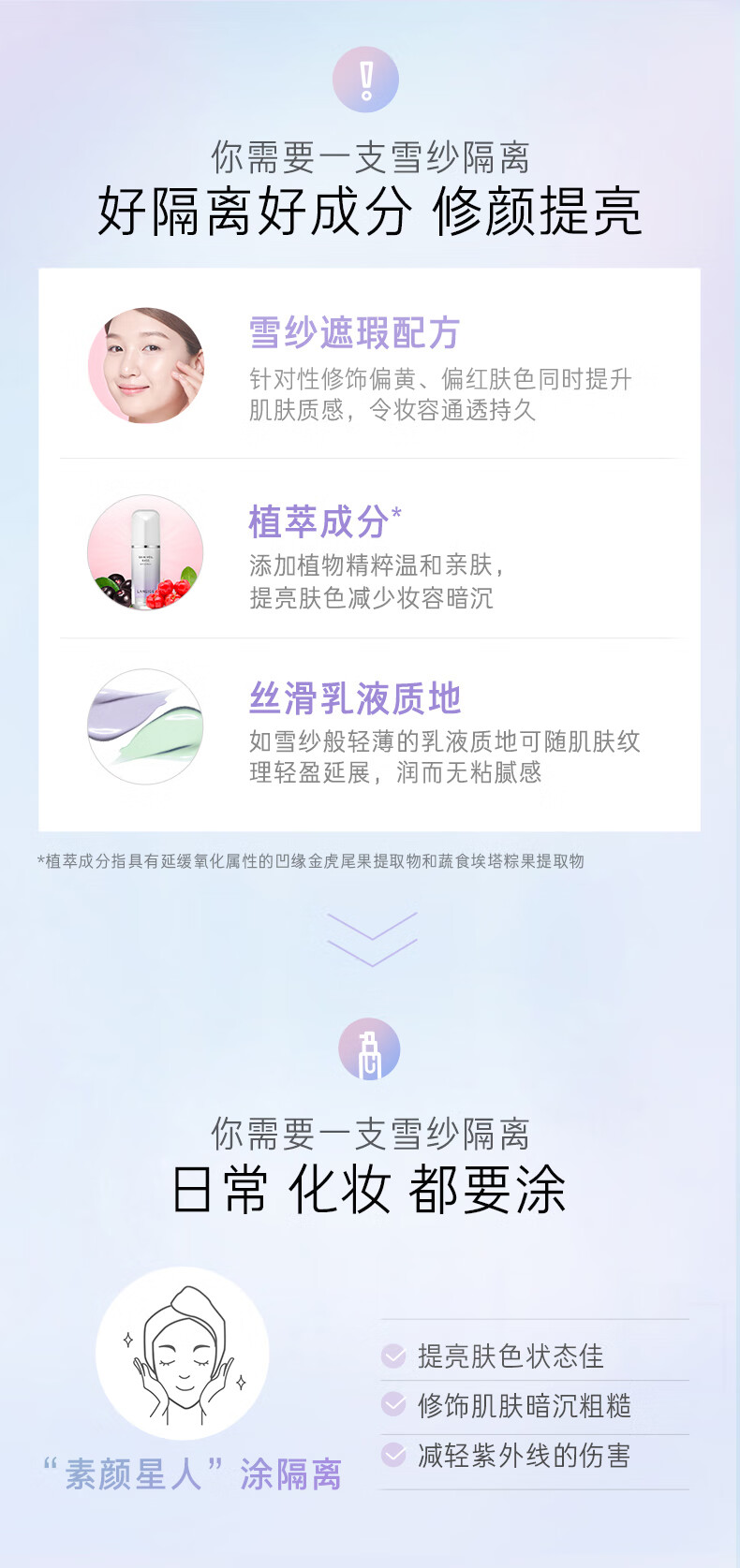 兰芝（LANEIGE）雪纱隔离霜妆前乳紫色防晒10ml*3支 中小样，介意慎拍 提亮肤色