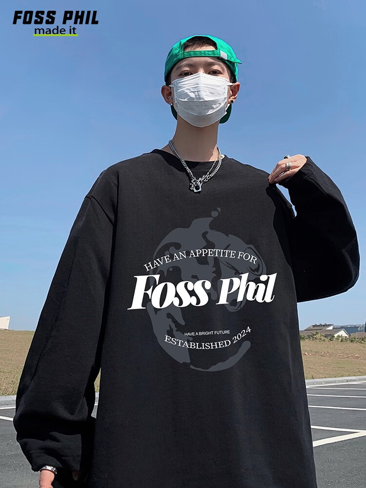 Футболка с длинным рукавом Foss Phil из чистого хлопка для мужчин, трендовая повседневная футболка оверсайз на осень, унисекс, с круглым вырезом, FPCT3, черная, XL