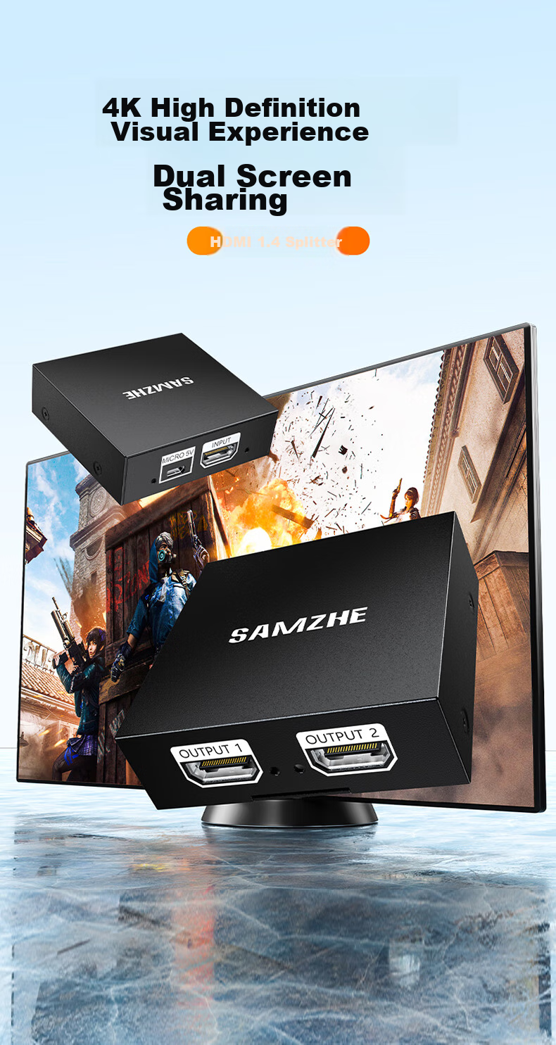 HDMI-разветвитель SAMZHE FP23, 1 вход 2 выхода, 4K HD, двойной экран, для ноутбука, телевизора, монитора, проектора