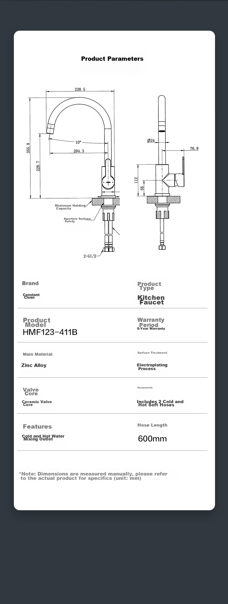 Кухонный смеситель HEGII HMF123-411B, цинковый сплав, горячая и холодная вода, вращение на 360°, высокий поток
