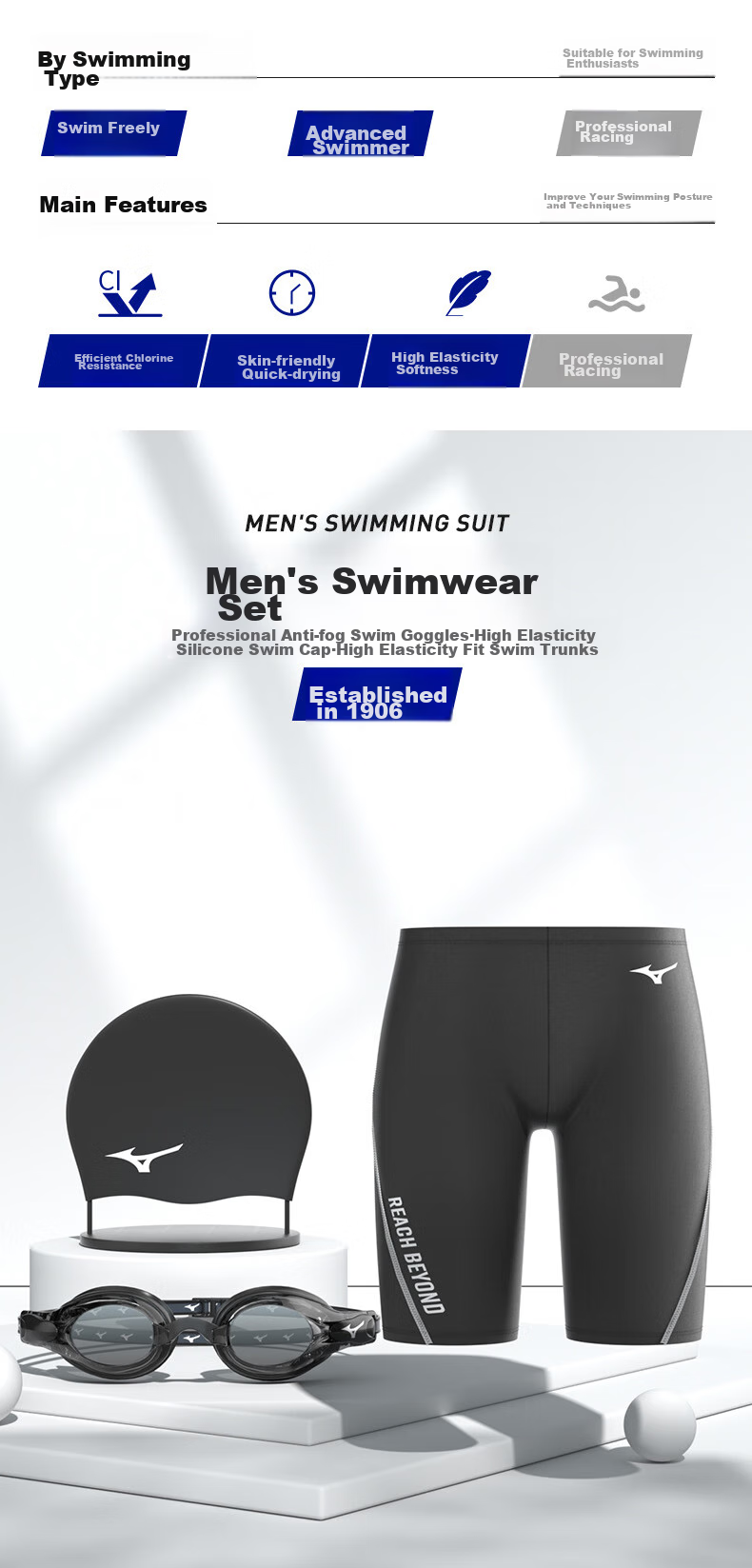 Комплект мужской одежды для плавания MIZUNO: плавки-шорты, очки и шапочка