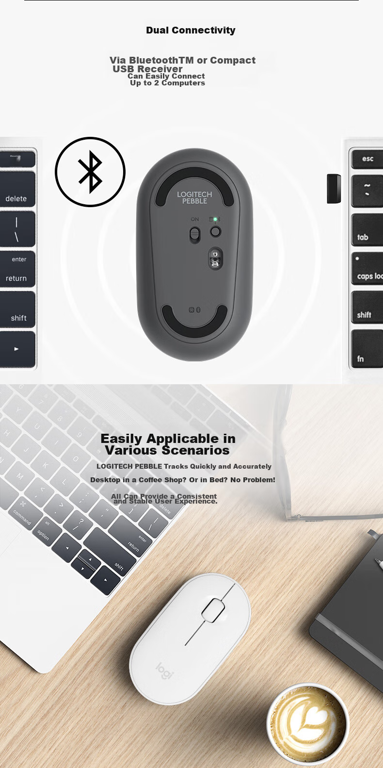 Беспроводная мышь Logitech Pebble, Bluetooth, офисная, тихая, симметричная, графитовый черный
