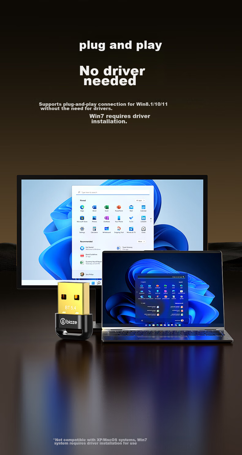 USB Bluetooth адаптер BIAZE 5.4, внешний модуль для ноутбуков и настольных компьютеров, для подключения клавиатуры, мыши, аудиоколонок, беспроводных наушников