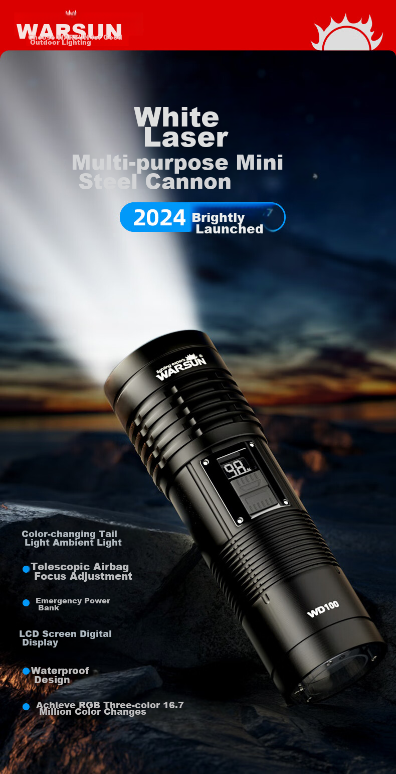 Фонарь WAR SUN WD High-Intensity Flashlight, ультраяркий дальний лазерный луч, перезаряжаемый поисковый фонарь с функцией зума, аварийное использование на открытом воздухе и дома