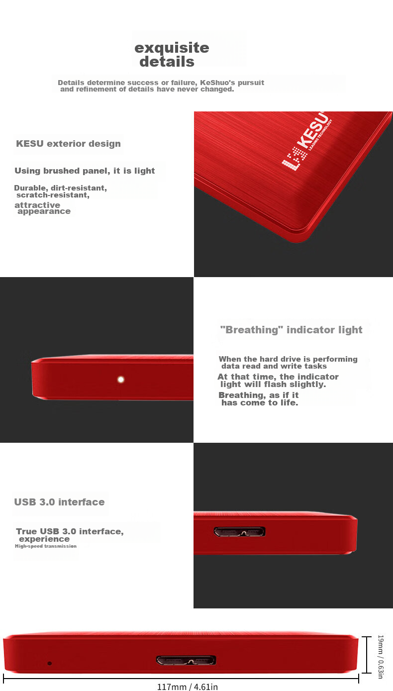 Внешний жесткий диск KESU K2518-Hot Blood Red, 1 ТБ, USB 3.0, портативный, двухдисковый, черный/красный