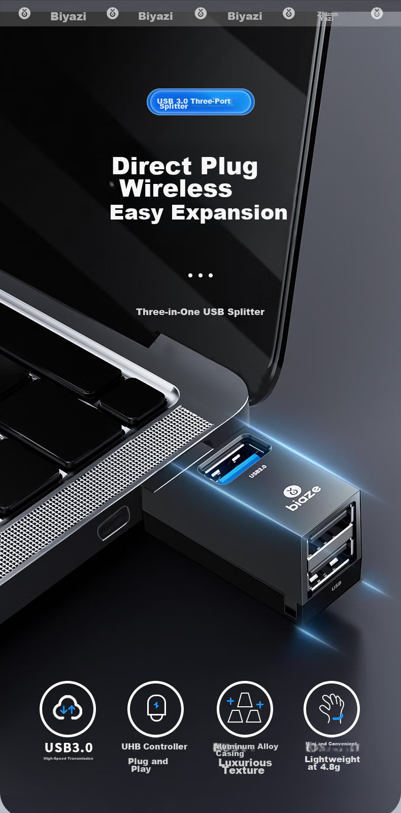 BIAZE USB 3.0 концентратор, многопортовый концентратор, кабель-удлинитель данных USB три в одном для ноутбука, адаптер расширения, расширитель внешнего диска