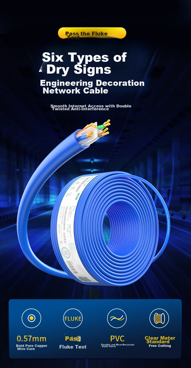 Сетевой кабель SAMZHE CAT6 Gigabit Ethernet, 50 метров, синий, неэкранированный, чистая медь 0.57 мм