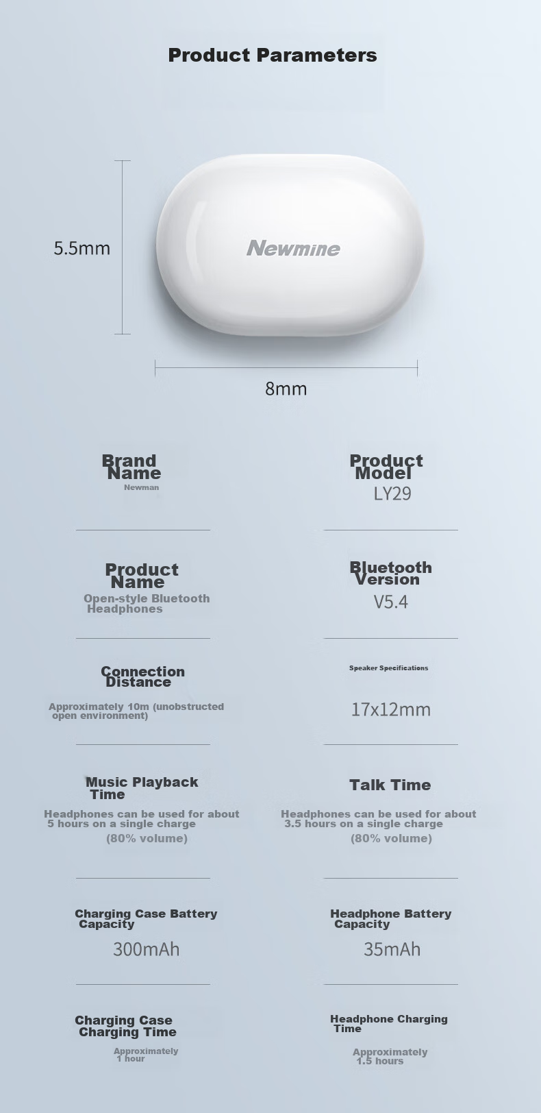 Беспроводные наушники Newmine LY29 Open-Ear, True Wireless, высокое качество звука, для спорта, бега, звонков, шумоподавление, совместимы с Apple, Xiaomi, Huawei, белые