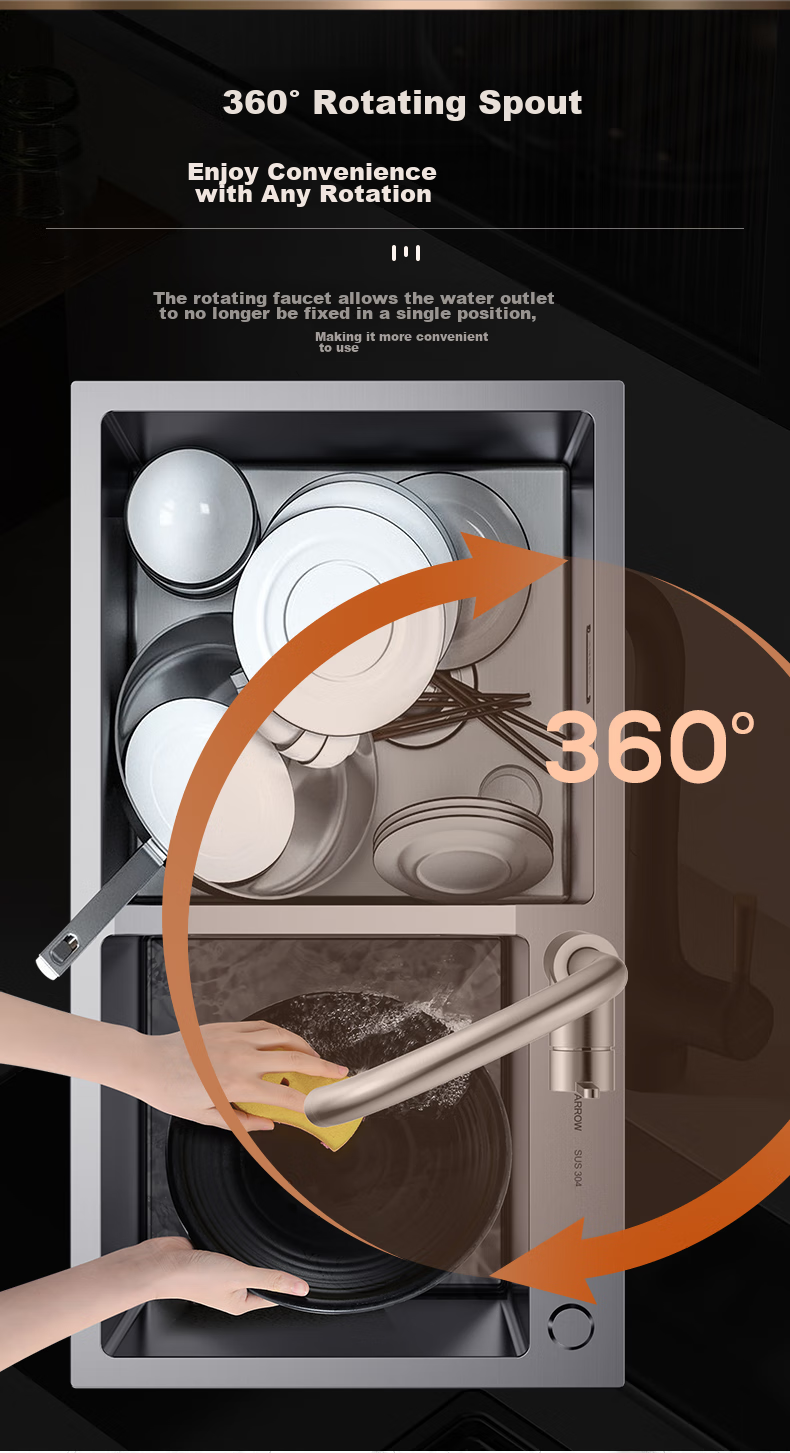 Смеситель ARROW AE45160SS для кухни, однорычажный, из нержавеющей стали SUS304, с поворотом на 360 градусов, хромированная поверхность, 2-й класс водоэффективности