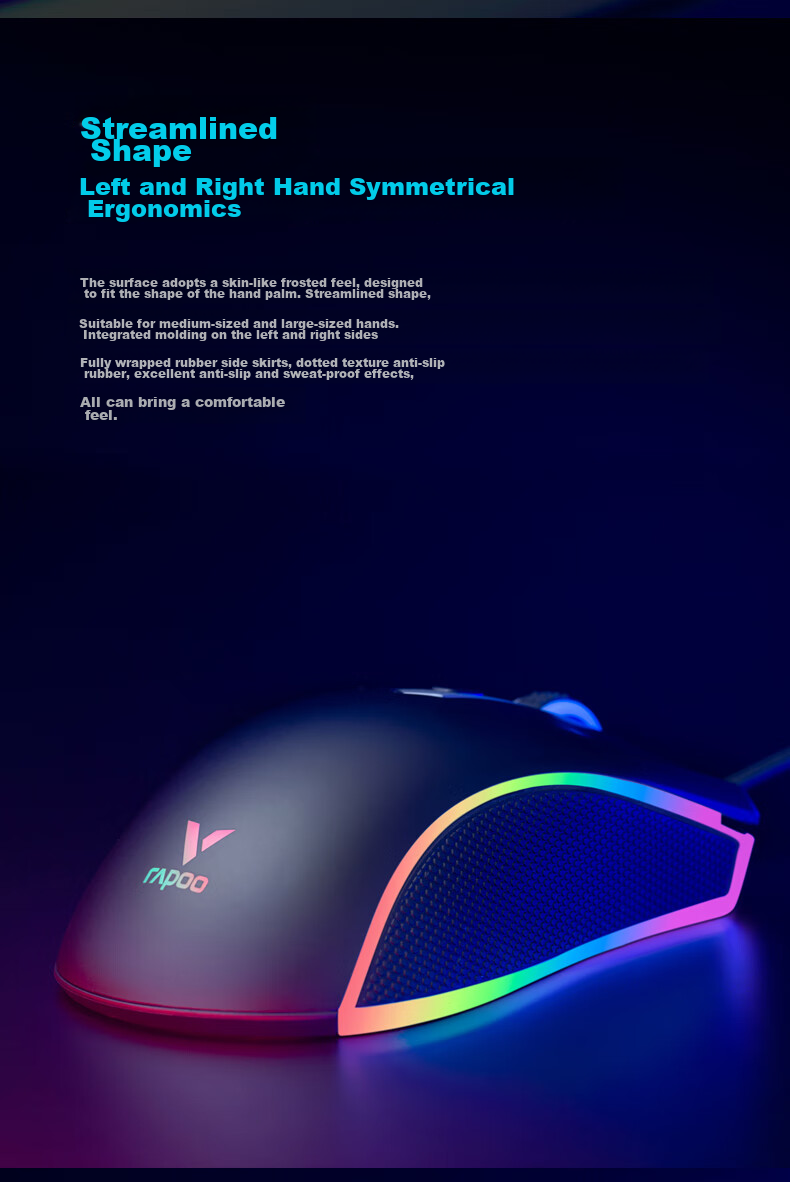 Игровая мышь Rapoo V28S, проводная, RGB, 8 программируемых кнопок, черная