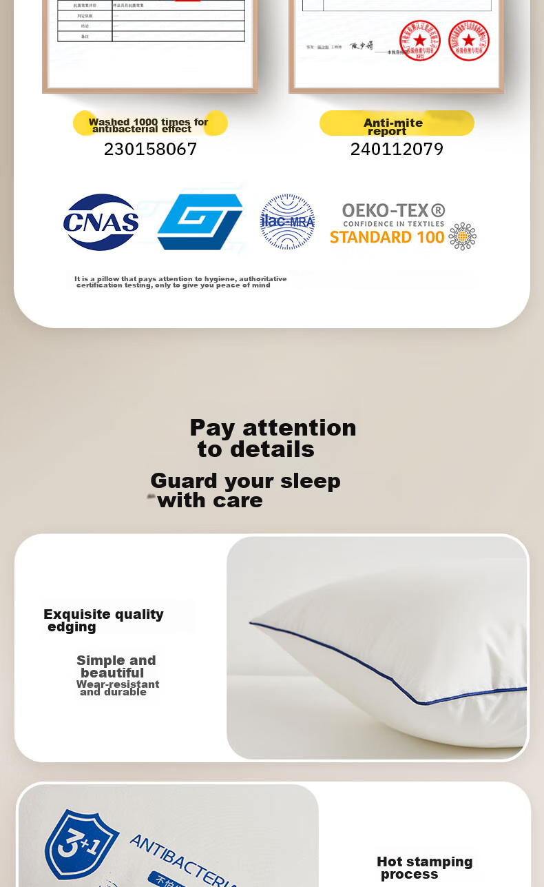 Подушка SleepHero Anti-Oily White Pillow, 40 шт., хлопок класса А, антиклещевая, антибактериальная, для глубокого сна