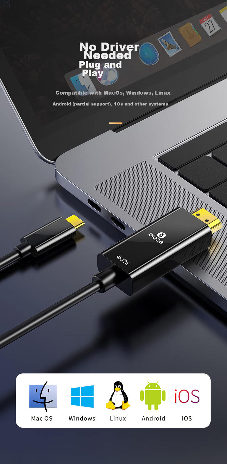Кабель-переходник BIAZE Type-C на HDMI, 1.5 метра, 4K HD