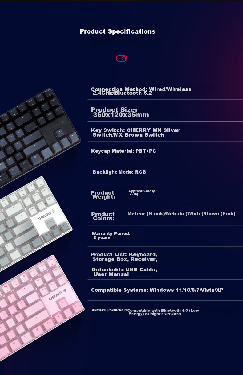 CHERRY MX8.2 Xaga Wireless Keyboard, Bluetooth Tri-Mode Office Mechanical Keyboard, Compatible with MAC System, Three-Transparency PBT Keycaps Customizable Keyboard, New Year Gift