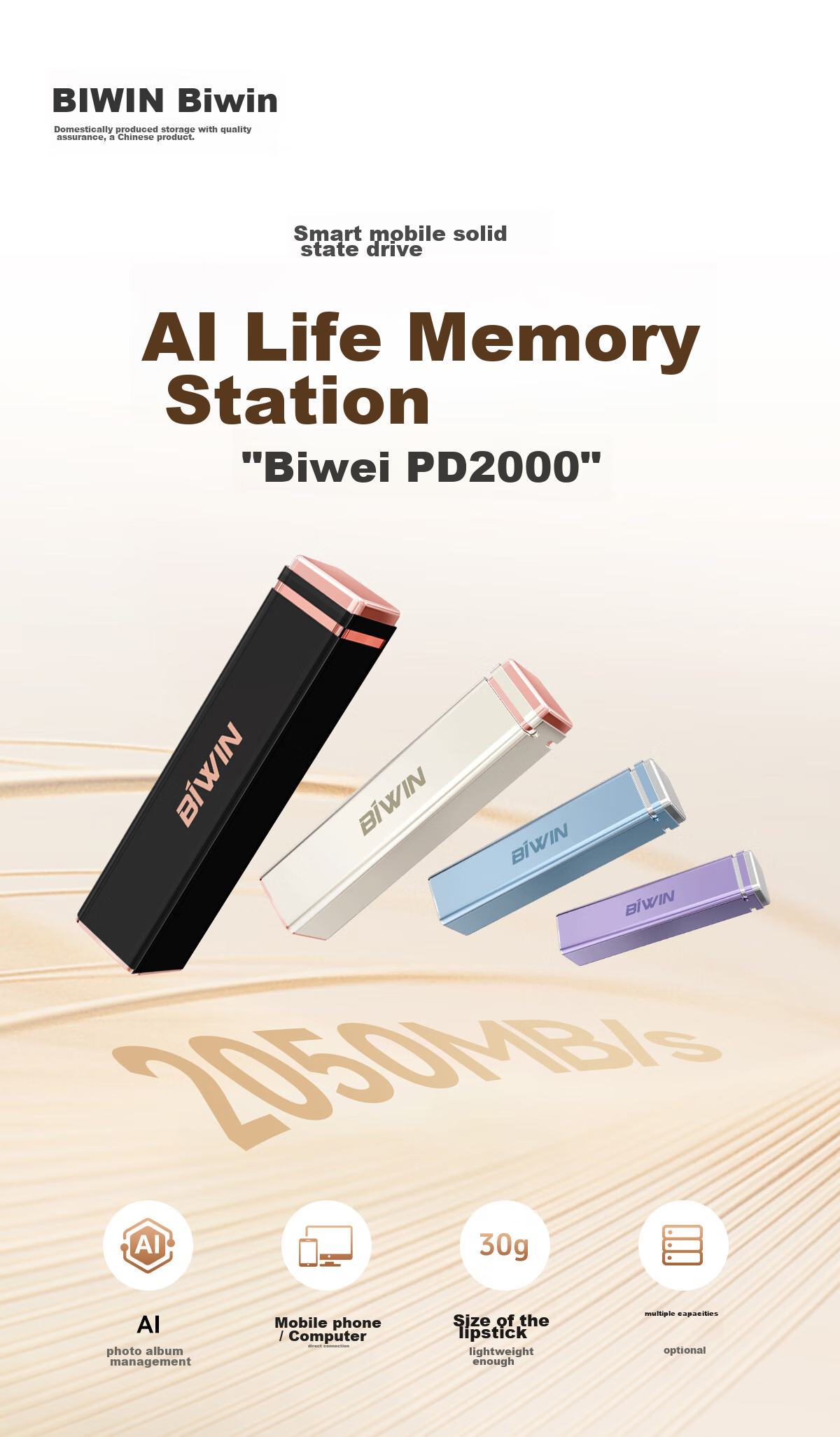 BIWIN PD2000 Портативный SSD накопитель 4 ТБ, внешний, USB Type-C (USB 3.2), скорость чтения 2000 МБ/с