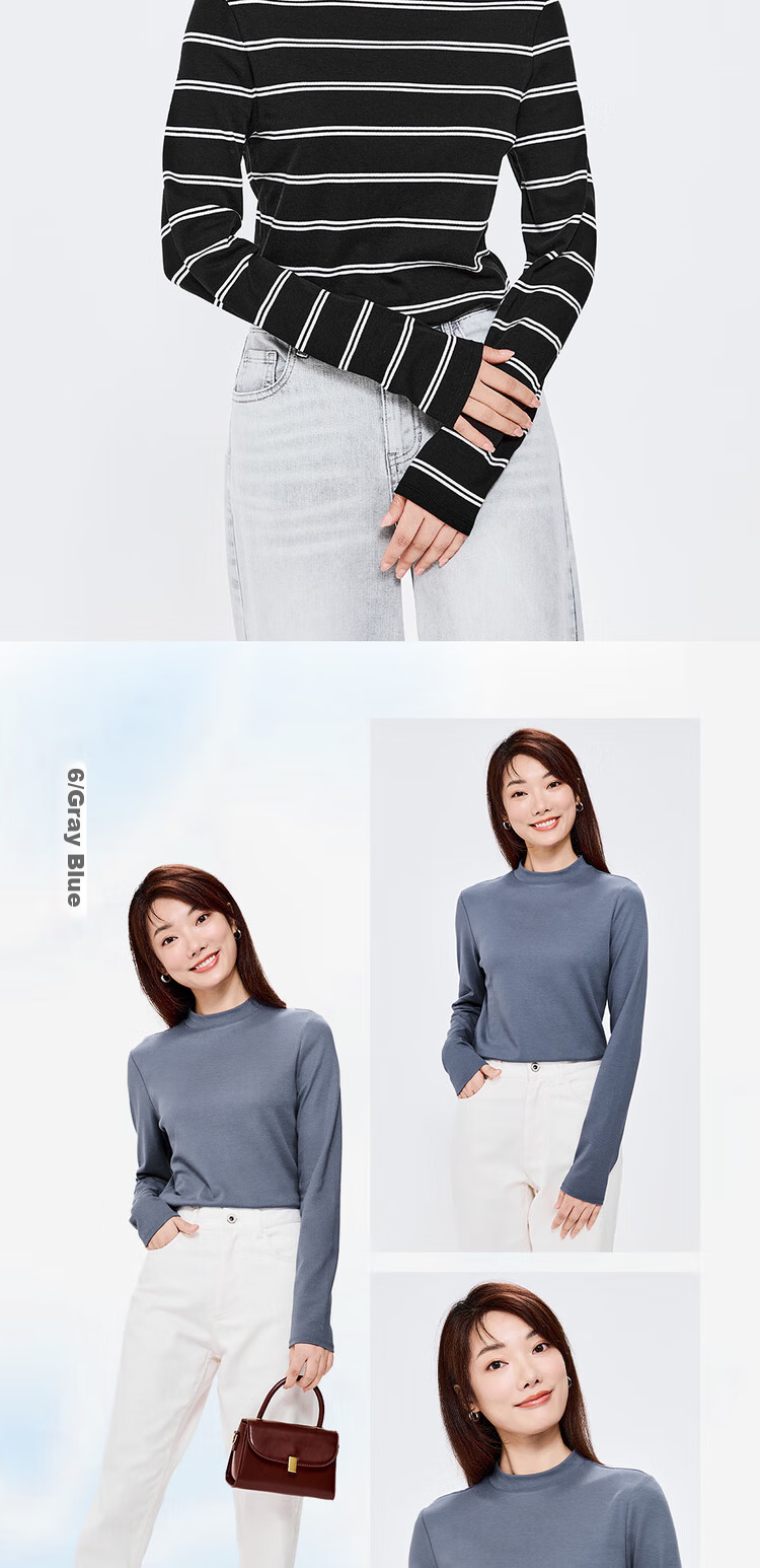 Женская футболка Giordano с длинным рукавом, однотонная, базовый стиль, нижняя рубашка из чистого хлопка, полувысокий воротник, топ для женщин 05322803