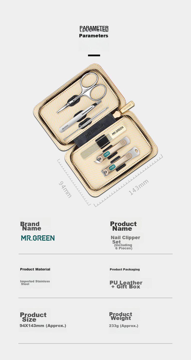 Набор маникюрных инструментов MR.GREEN из 6 предметов, немецкий, с пинцетом, триммером для носа, ушной ложкой, стекло для ногтей, ножницы для ногтей, зеркало