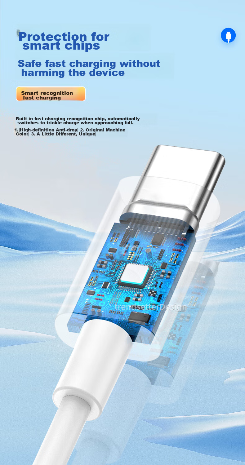 Кабель Trendsetter Dual Type-C 65W, 1м, белый, для быстрой зарядки телефонов Huawei, Xiaomi, Vivo, Samsung, OPPO