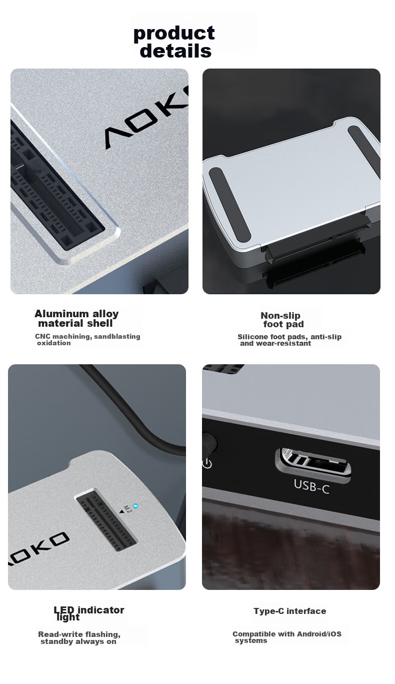 AOKO AM10SL - док-станция для SSD M.2/SATA/NVMe, mSATA, 2.5/3.5" SATA, USB Type-C, алюминий, серебристый