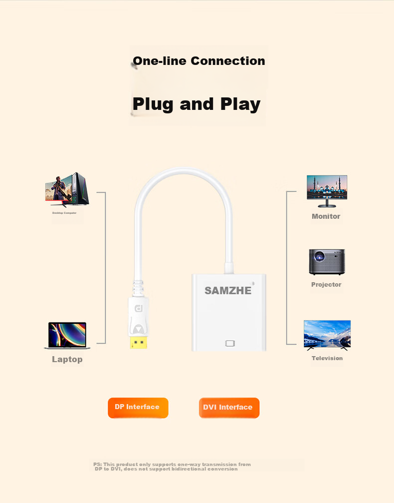 Адаптер SAMZHE ZJX-170, DisplayPort на DVI (Female), 1080P, белый
