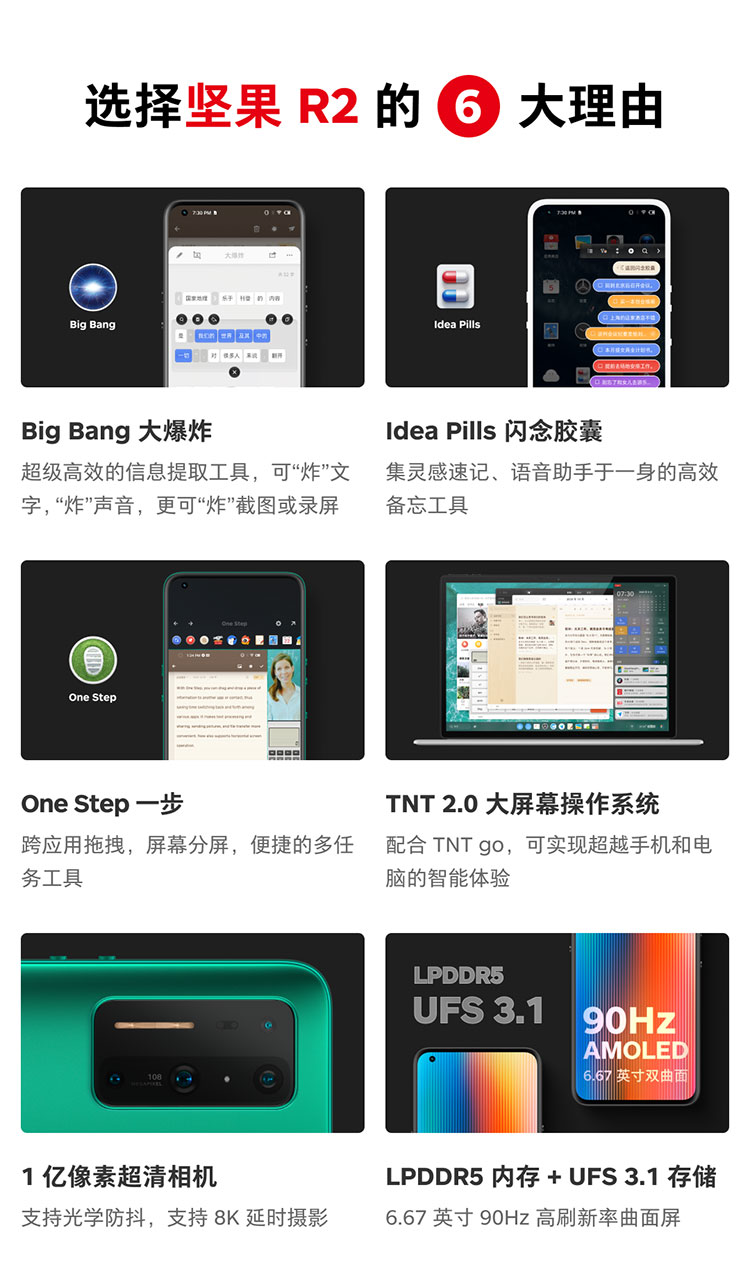 坚果 R2 8GB+256GB浅黑色 1亿像素 骁龙865 双系统双模5G旗舰手机