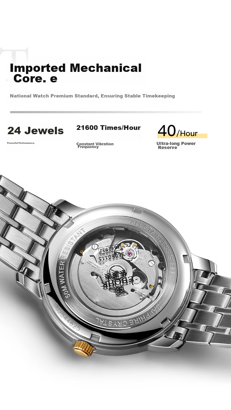 Мужские часы EBOHR Master Series 51879418 с автоматическим механическим механизмом, золотистый браслет из нержавеющей стали, водонепроницаемость 50 м, сапфировое стекло