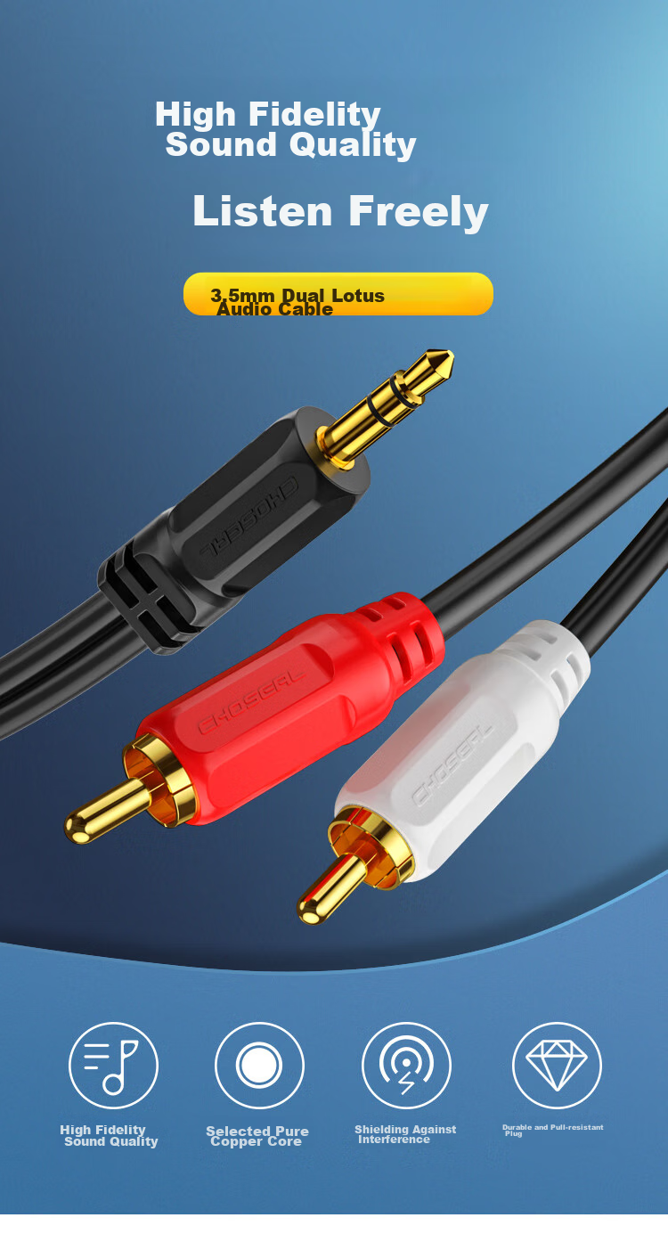 Аудиокабель CHOSEAL QS3002T3, 3.5 мм на 2 RCA, 3 метра, черный