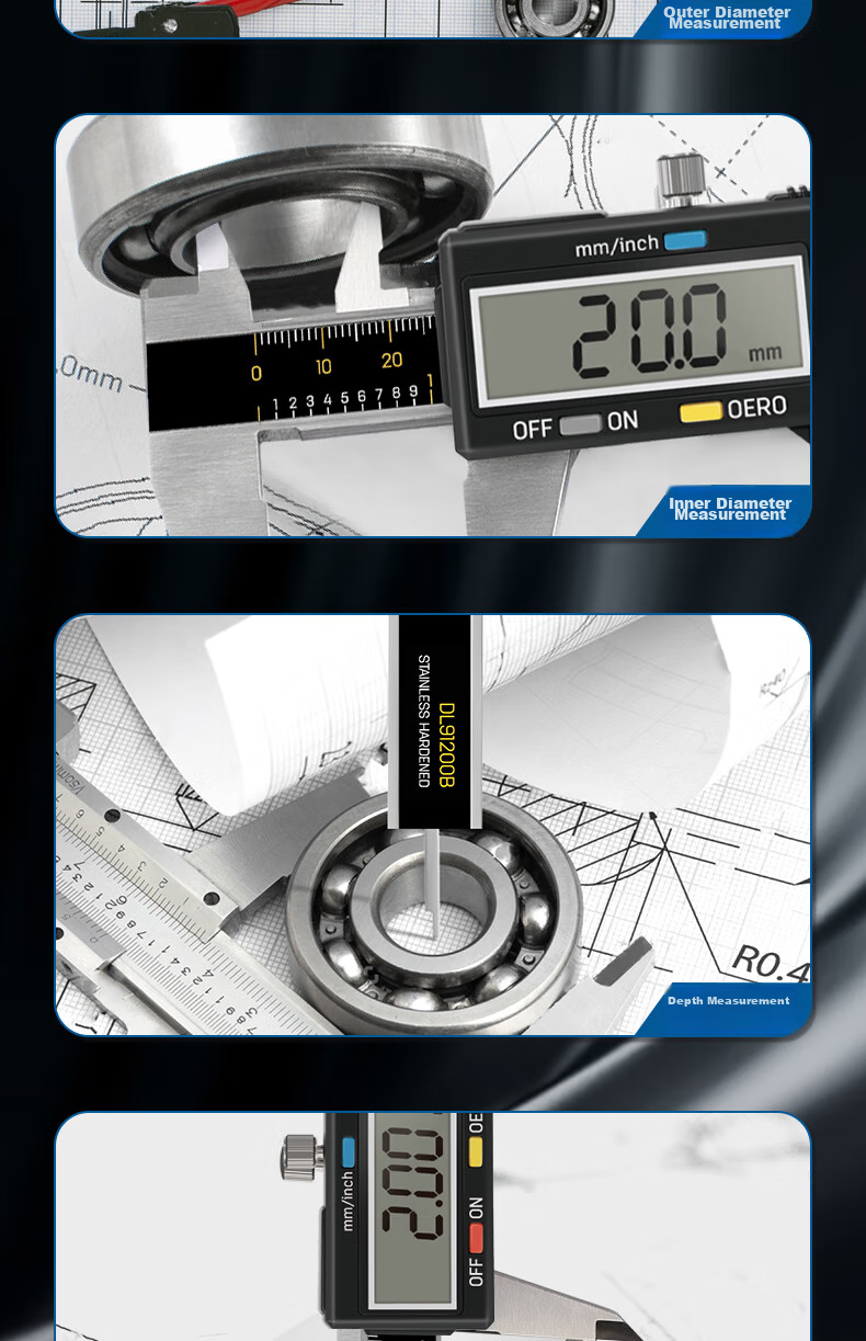 Штангенциркуль Deli DL91200B, 200 мм, нержавеющая сталь, цифровой дисплей, высокая точность
