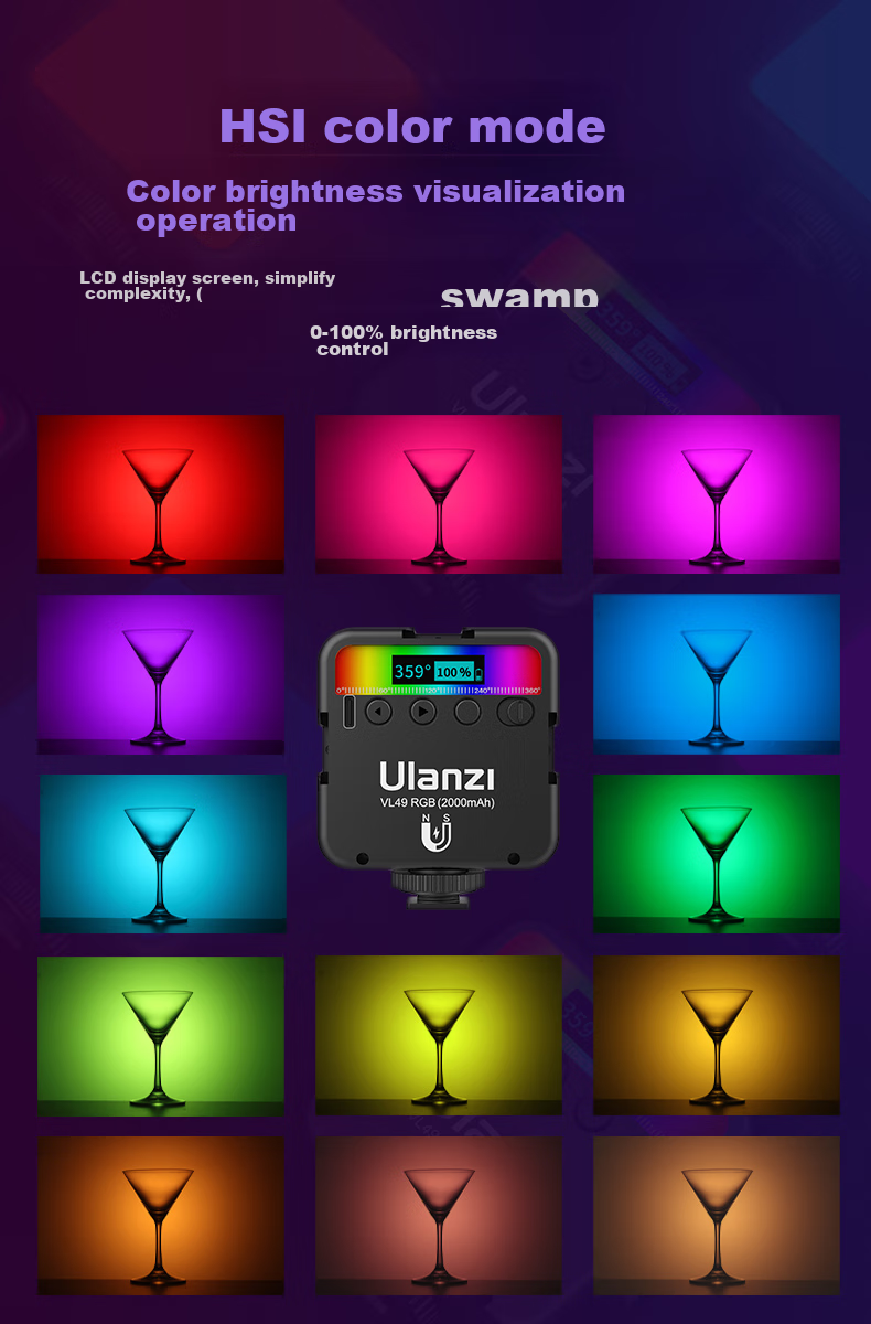 Ulanzi VL49RGB Bluetooth Remote Control Kit (Black), Магнитный полноцветный заполняющий свет, портативный светодиодный карманный двухцветный источник света для прямой трансляции, фонарик для камеры телефона
