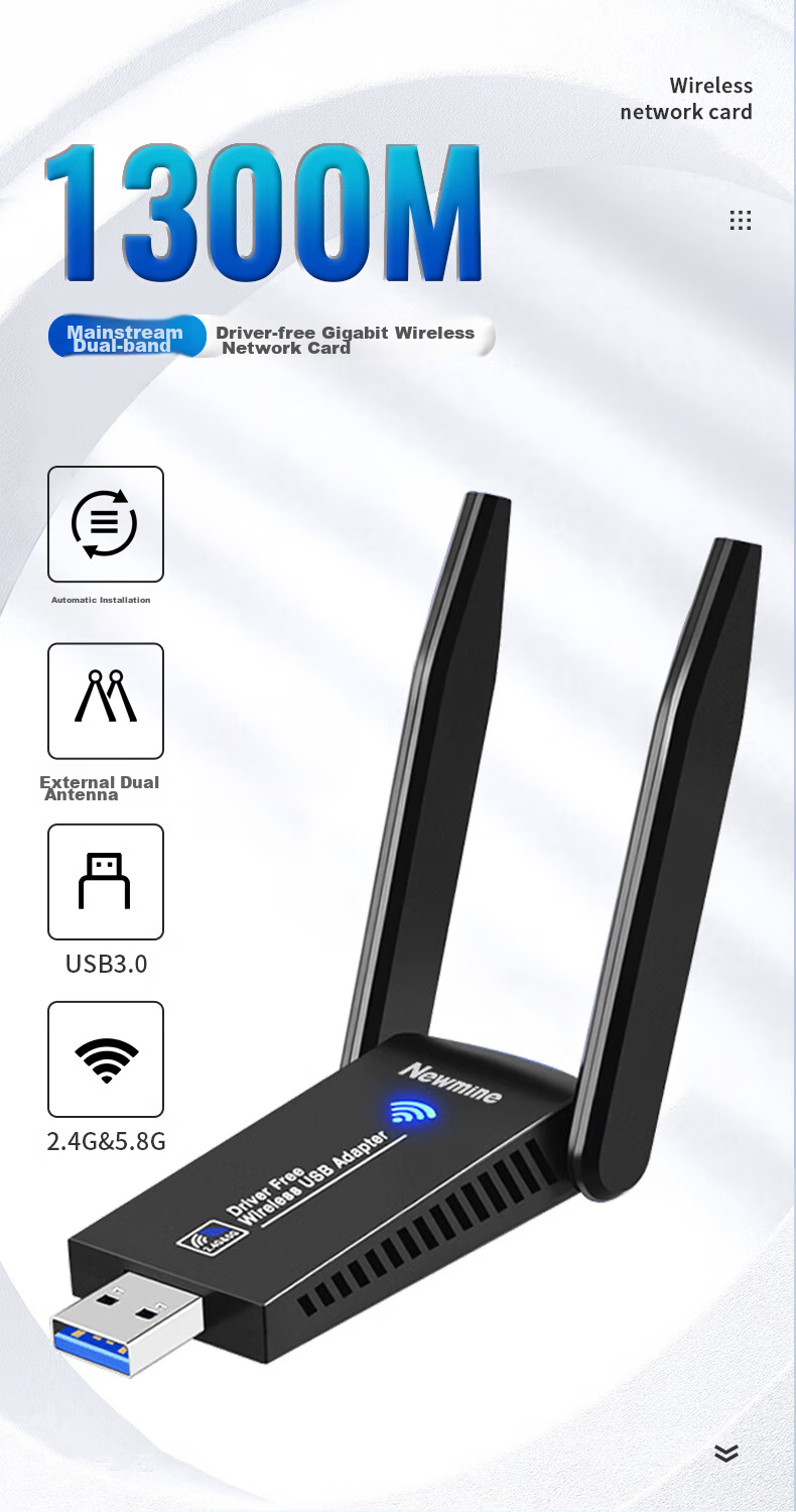 Сетевой адаптер Newmine D1302, 1300 Мбит/с, двухдиапазонный, USB 3.0, с двумя внешними антеннами, для настольных ПК и ноутбуков