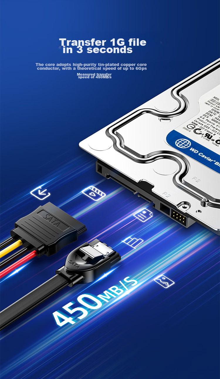 Кабель SATA 3.0 SAMZHE TK07 (прямой к прямому) + кабель питания SATA для SSD, комплект для подключения жесткого диска