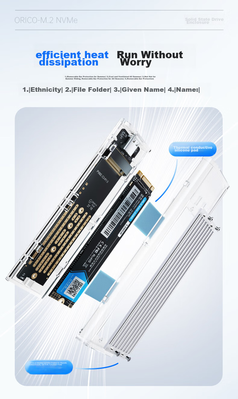 Внешний корпус ORICO M.2 NVMe SSD, 10 Гбит/с, интерфейс Type-C, прозрачный металлический/синий, TCM2-C3