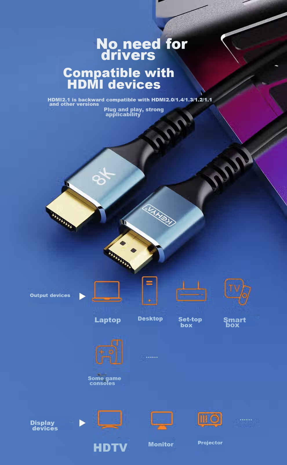 Кабель HDMI Keya версии 2.1, 8K 60Hz, для подключения ноутбука, ТВ-приставки к телевизору, монитору, проектору, 2 метра