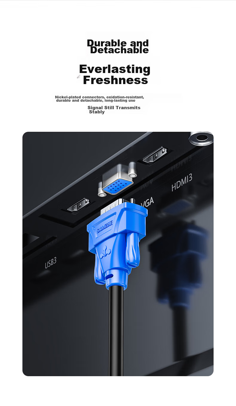 Кабель SAMZHE VGA VM-1020, 2 метра, для подключения компьютера к проектору или монитору, с двумя магнитными кольцами, 3+6 медных жил, черный