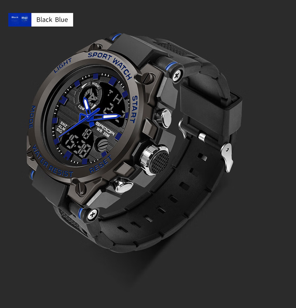 Мужские часы SANDA 739 Black Silver, спортивные электронные часы с будильником, водонепроницаемые до 30м, двойной дисплей