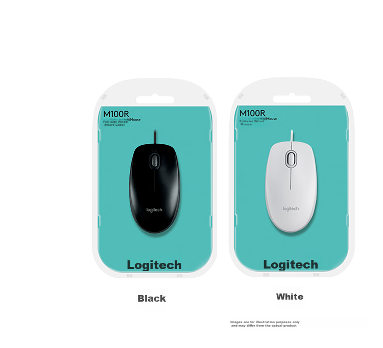 Проводная мышь Logitech M100r, белая, для офиса, симметричная, для большой руки