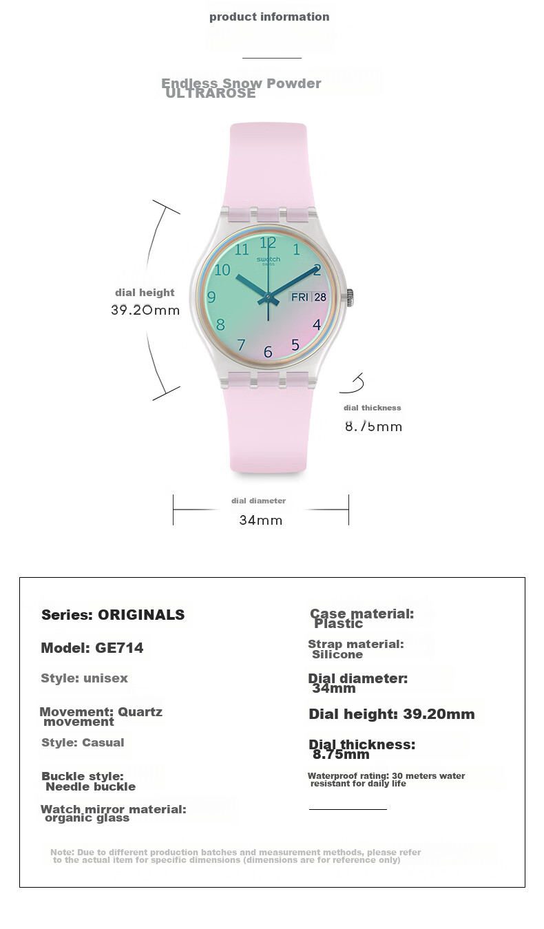 Swatch Swiss Watch, Endless Snow Pink, Dual Calendar Valentine's Day Gift, Middle And High School Exam Watch, Fashion Wristwatch GE714