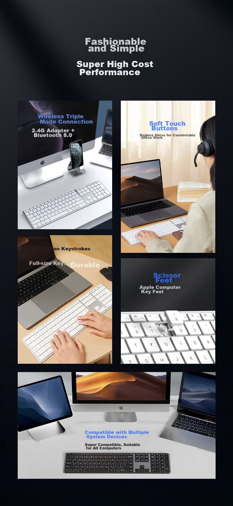 Беспроводная Bluetooth-клавиатура AUSDOM Sofkeys4, ультратонкая, металлическая, перезаряжаемая, 110 клавиш, белая