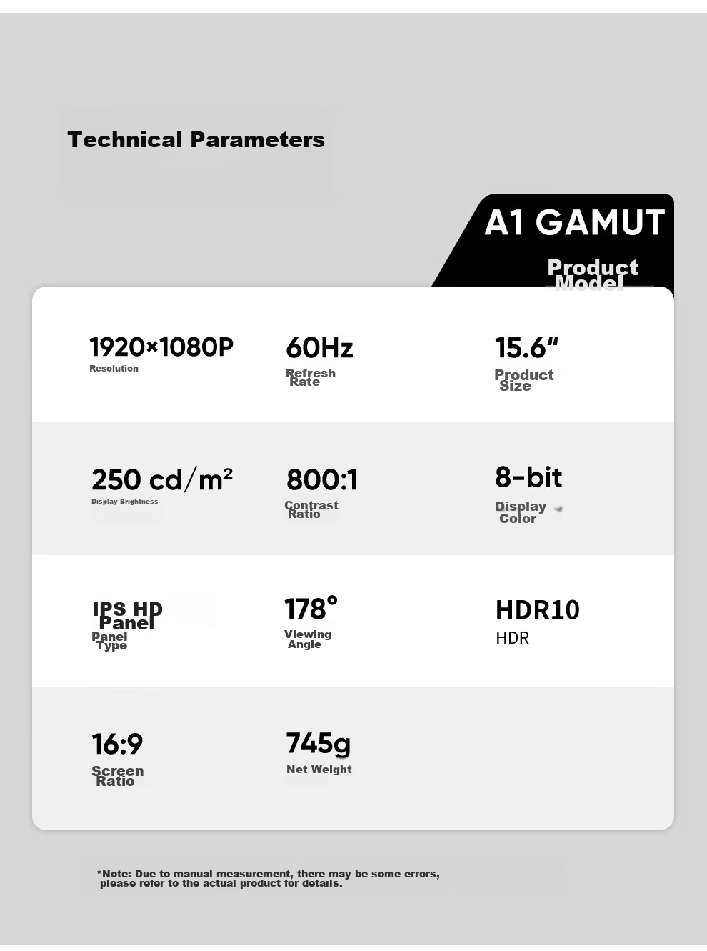 Портативный монитор ARZOPA A1 GAMUT 15.6" Full HD (1920x1080), IPS, 60Hz, 16:9, HDR10, черный