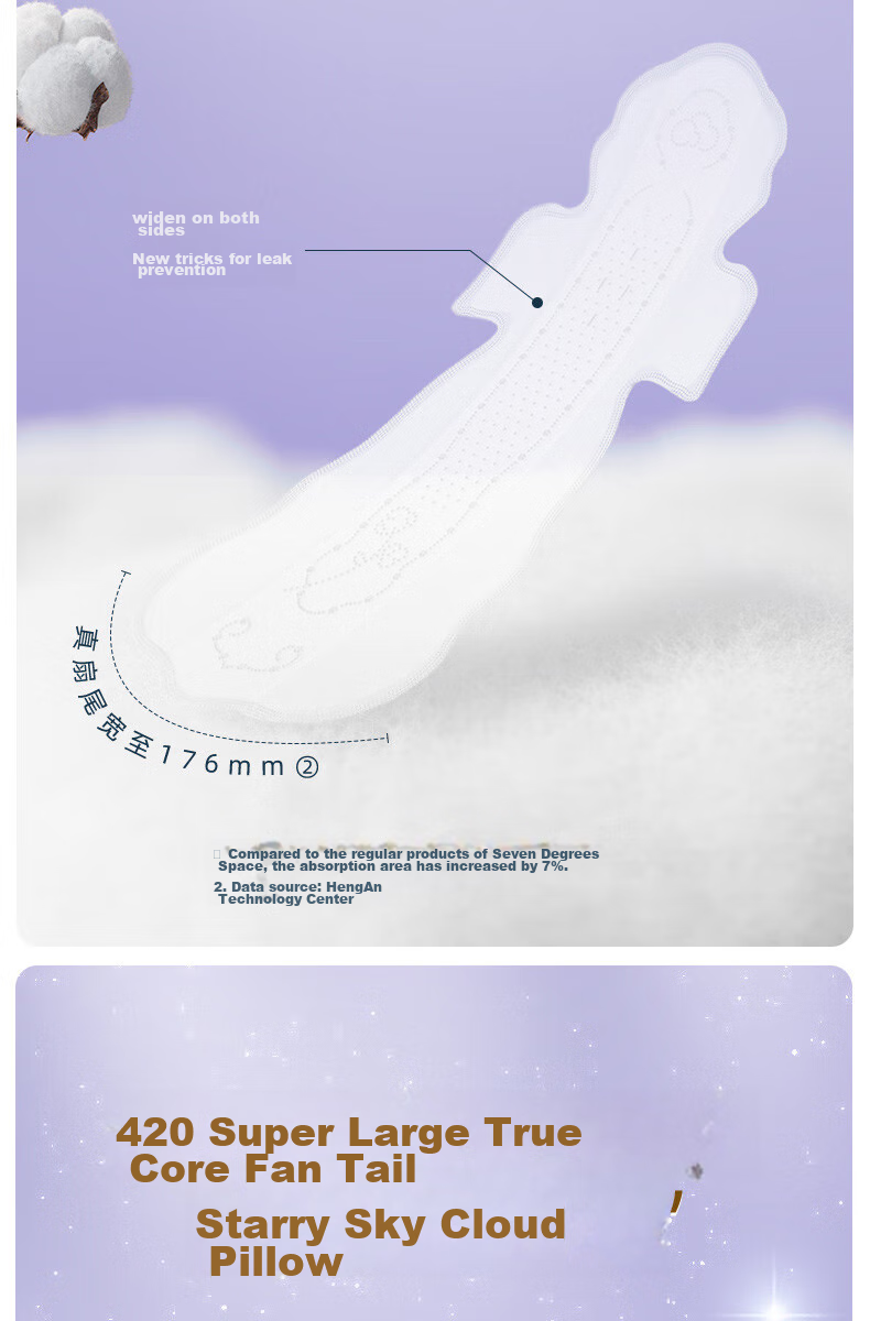 SPACE 7 Tianshan Velvet Cotton Sanitary Napkins, Ultra-Thin Pure Cotton, Breathable Night Use Menstrual Pads, 290mm, 15 Pieces