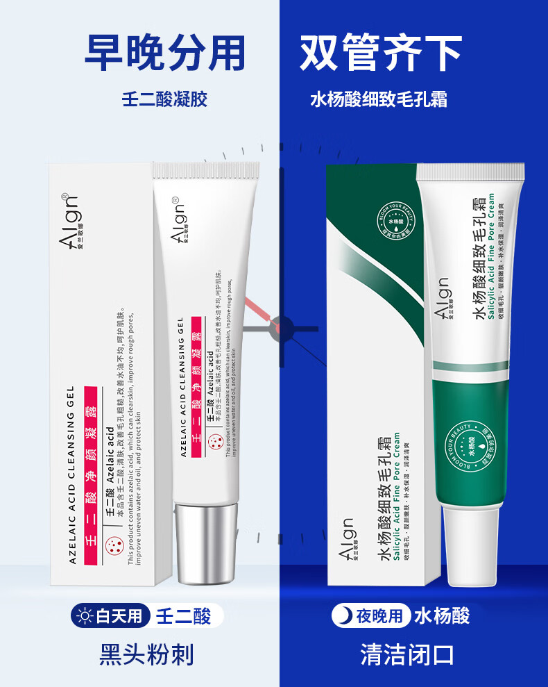 爱兰歌娜壬二酸15%凝胶甲硝+水杨酸细致毛孔霜和壬二酸凝露质润祛痘乳膏唑 【日夜修护】壬二酸+水杨酸