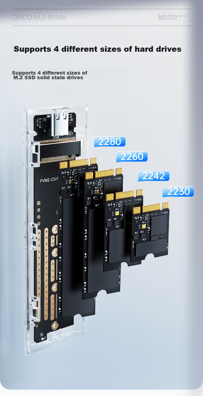Внешний корпус ORICO M.2 NVMe SSD, 10 Гбит/с, интерфейс Type-C, прозрачный металлический/синий, TCM2-C3