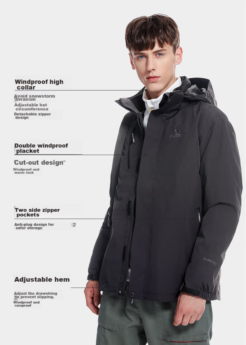 Мужская ветровка Luotuo Outdoor (CAMEL) A7W217127, водонепроницаемая, ветрозащитная, 3-в-1, с флисовой подкладкой