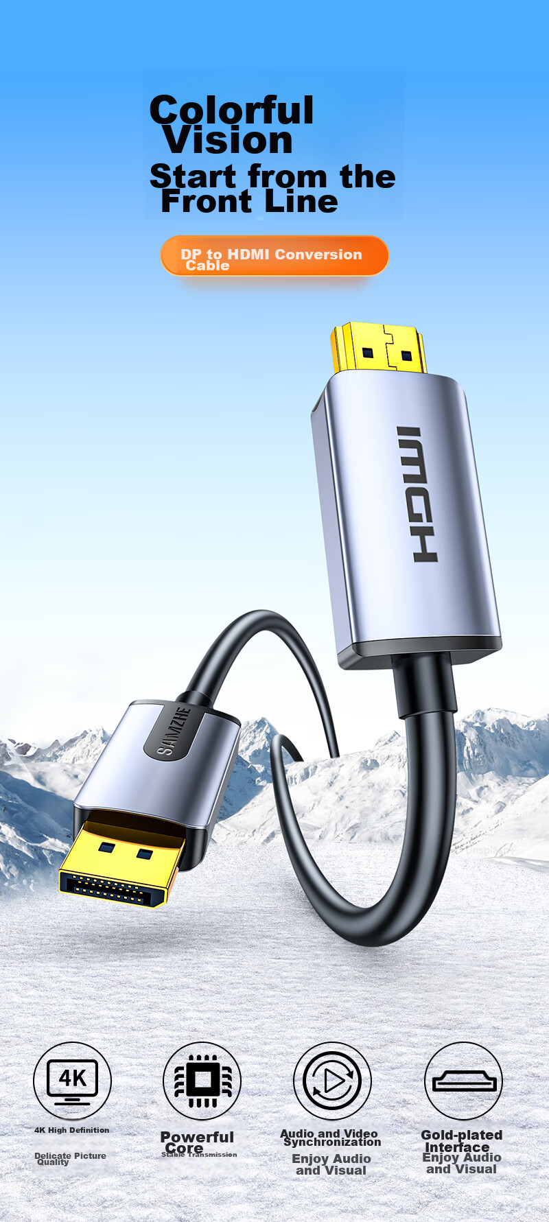 Кабель-адаптер SAMZHE DP to HDMI, версия 1.2, 4K HD, 1 метр, LDH10