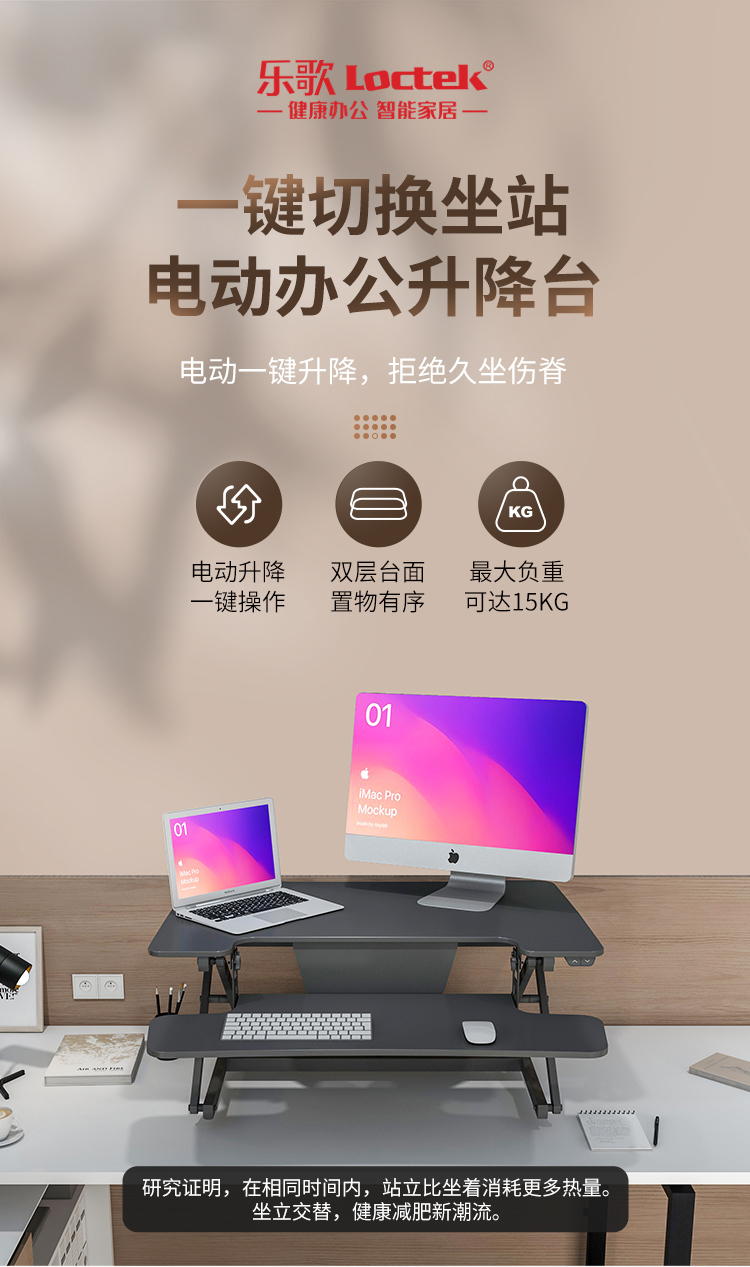 乐歌 站立办公电动升降电脑桌台式笔记本学习 可移动折叠式工作台书桌 笔记本显示器支架台EM2M雅黑