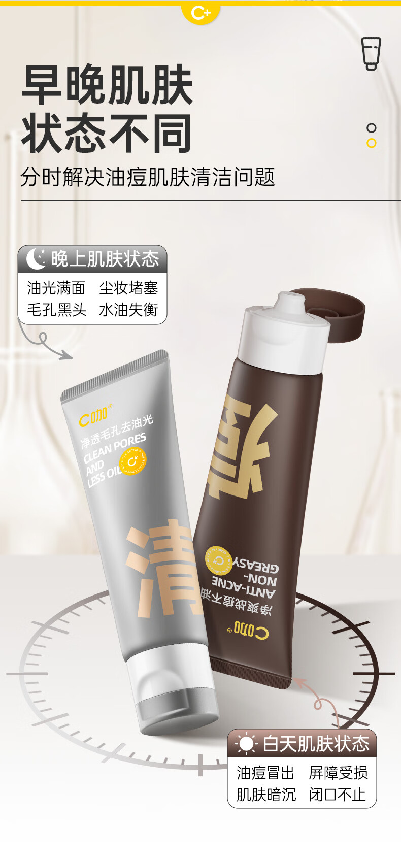 C咖氨基酸双管洗面奶白泥清透净肤抗痘控油清洁保湿洁面乳80g*2支