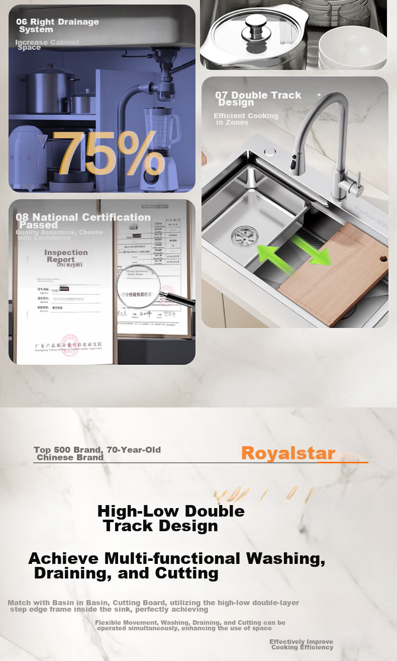 Кухонная мойка Royalstar, 304 нержавеющая сталь, текстурированная, устойчивая к царапинам, с выдвижным смесителем, 75x45 см