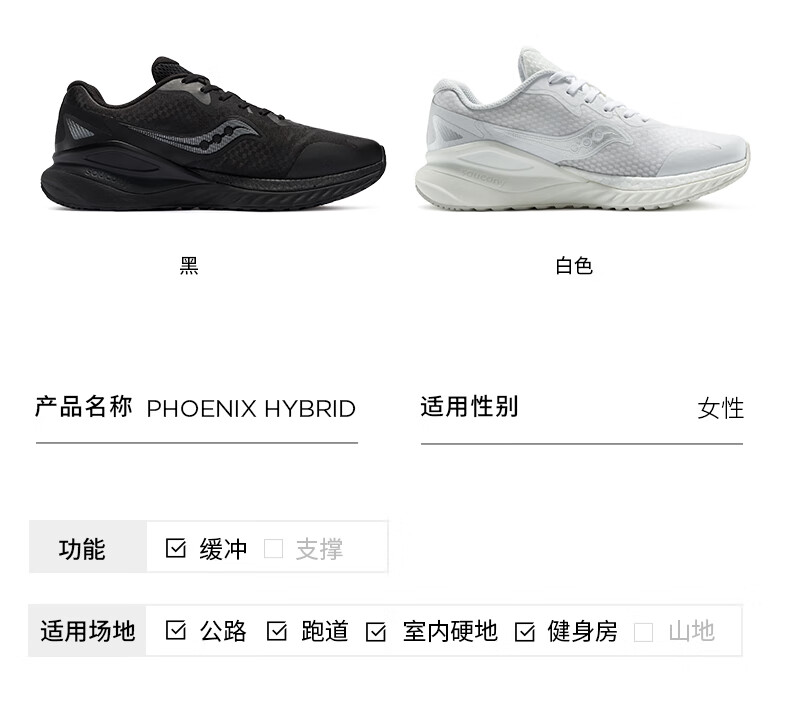 Saucony索康尼女子慢跑训练鞋跑步鞋Phoenix hybrid火鸟 S18161-1 白色
	 35.5